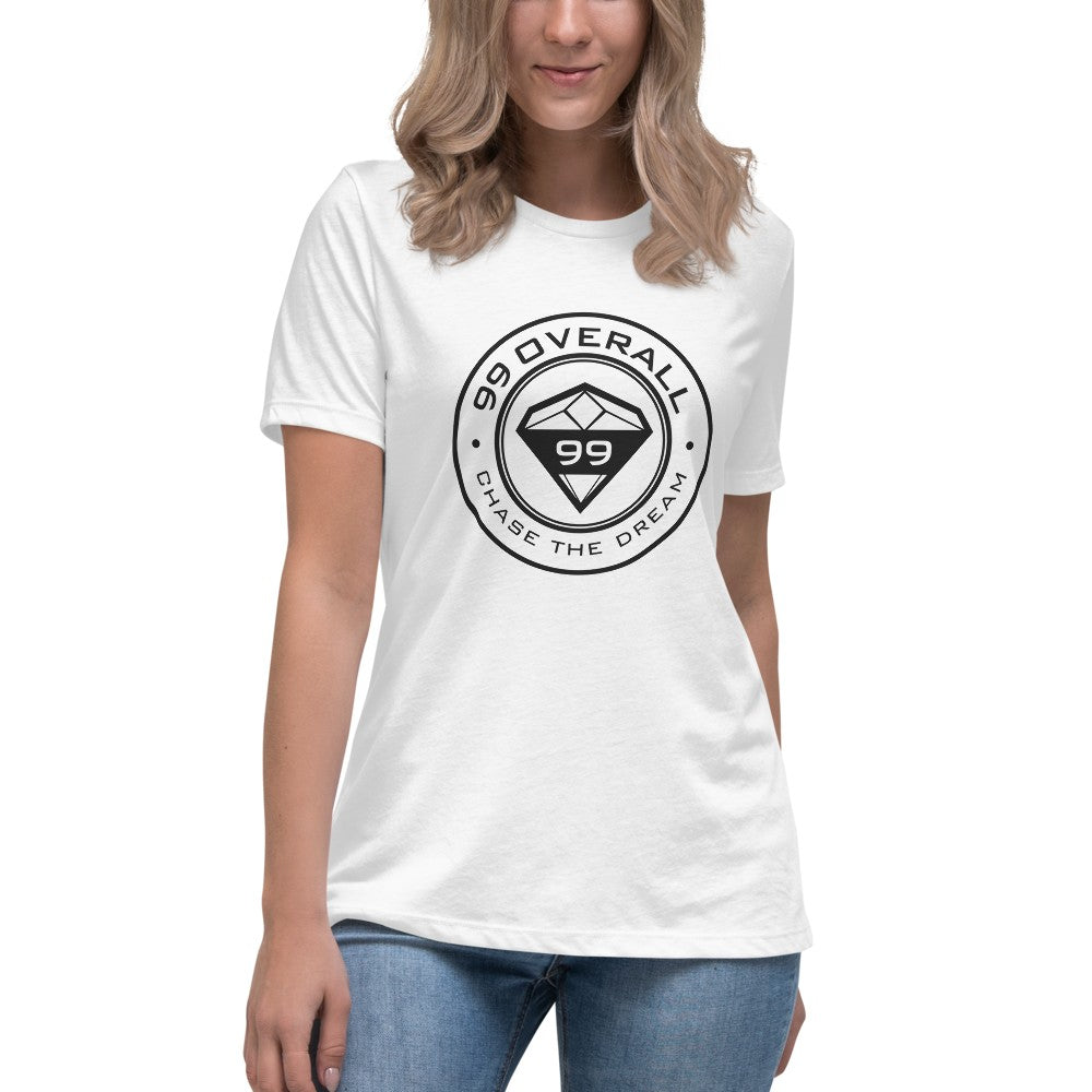 Model wearing the white Diamond 99 Badge Women's Relaxed Tee