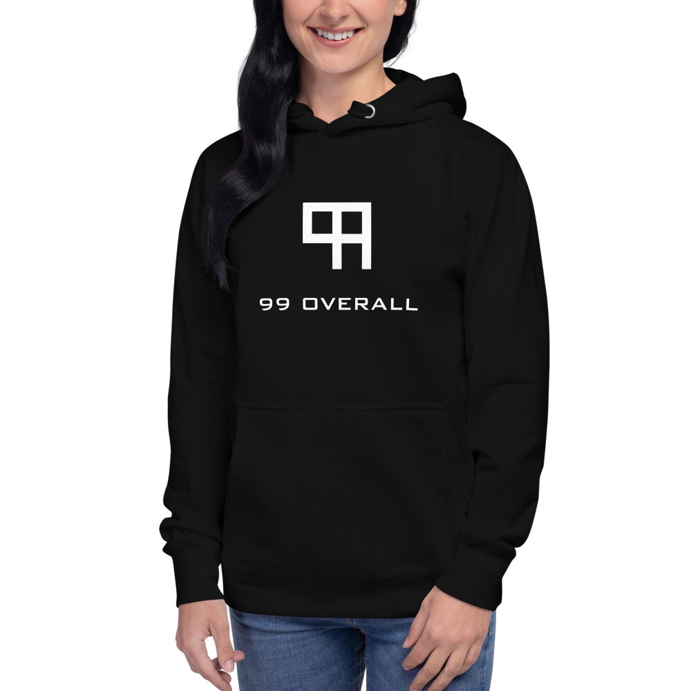 Woman wearing the black 99 Overall Logo Hoodie