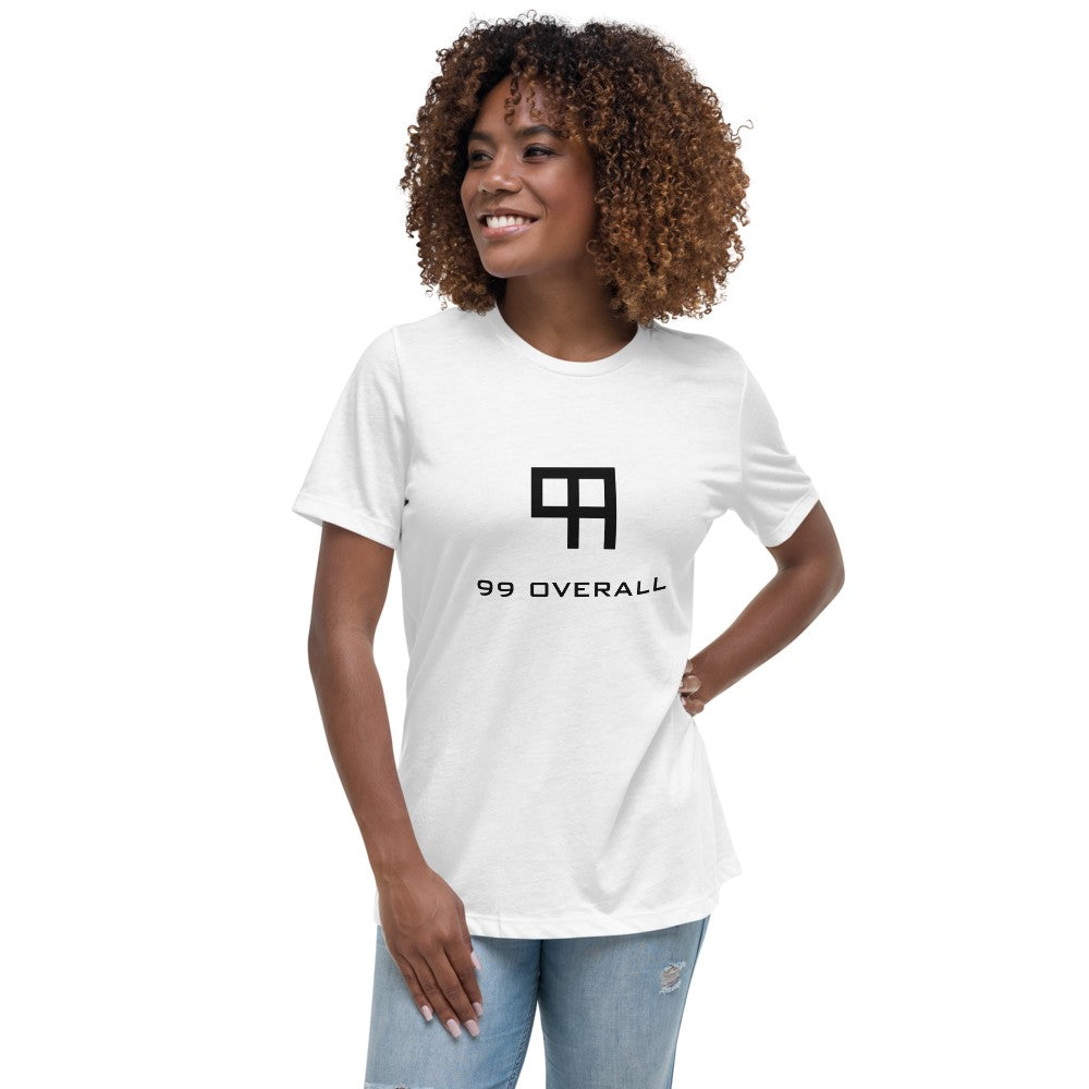 Model wearing the white 99 Overall Logo Women's Relaxed Tee, front
