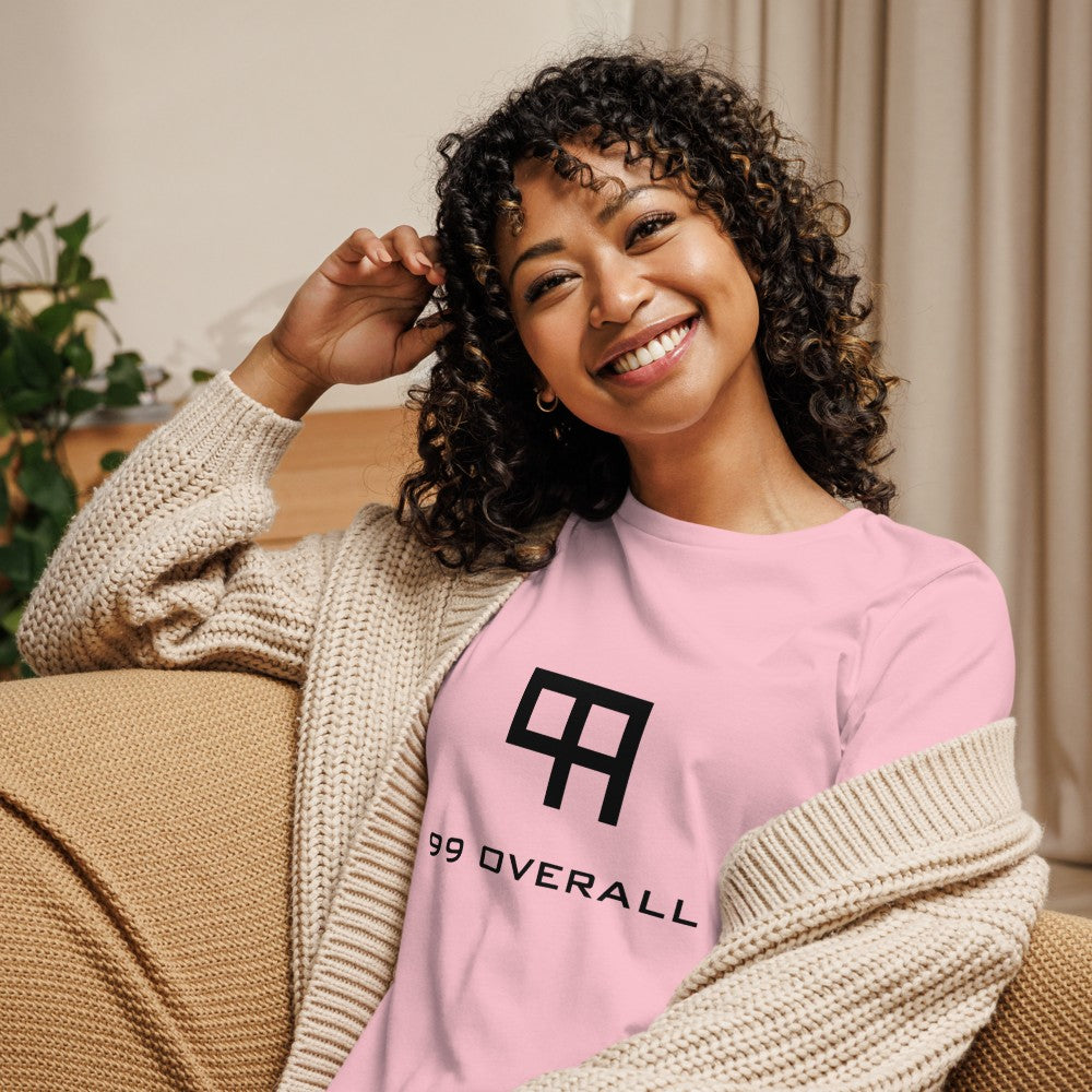 Woman relaxing at home in the pink 99 Overall Logo Women's Relaxed Tee