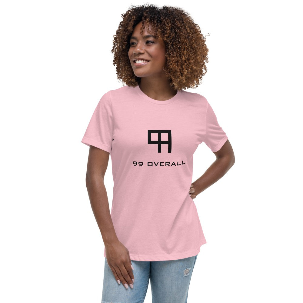 Model wearing the pink 99 Overall Logo Women's Relaxed Tee