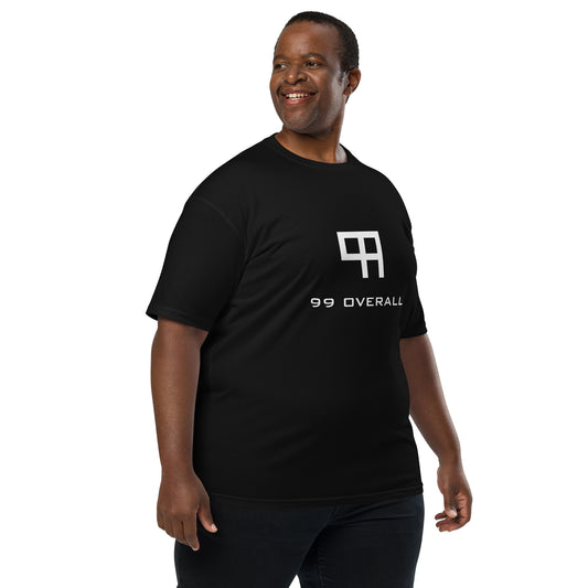 Model wearing the black 99 Overall Logo Heavyweight Tee