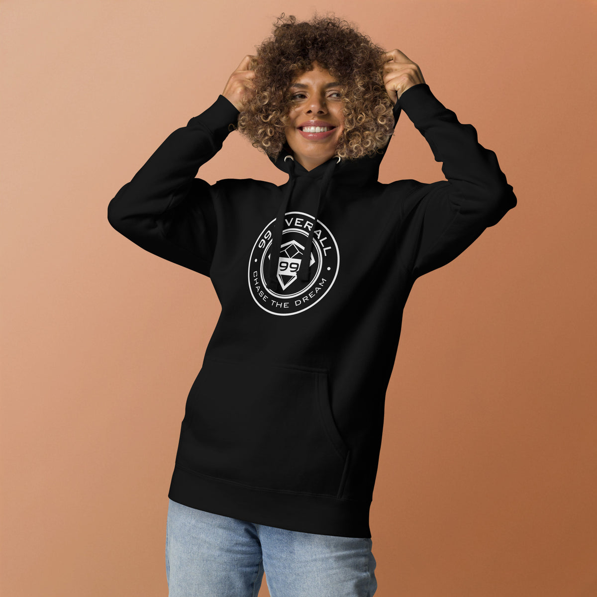 Woman wearing the black Diamond 99 Badge Hoodie