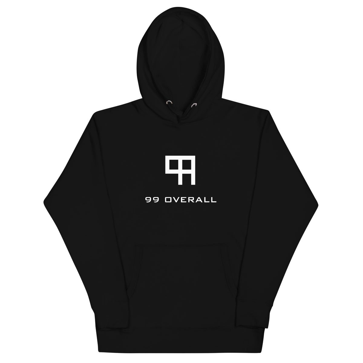 99 Overall Logo Hoodie in Black with white block logo, front view