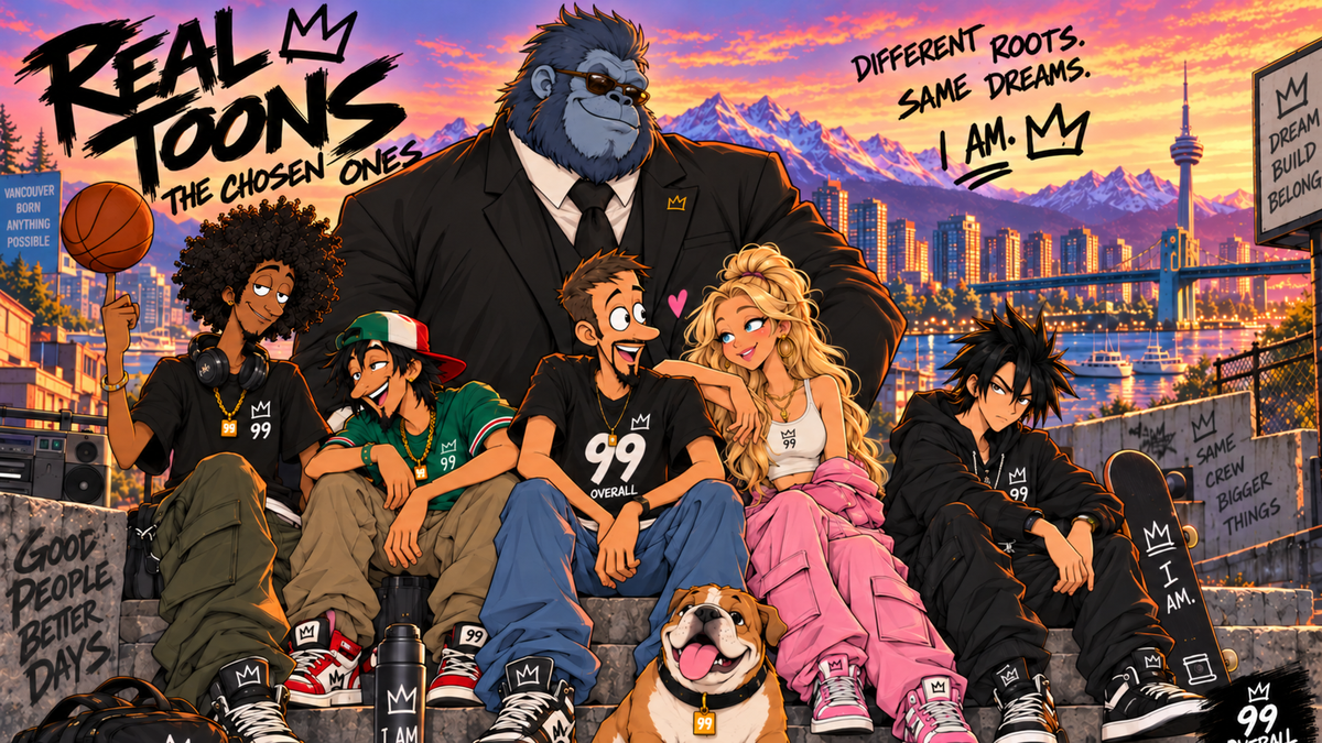 The Chosen Ones crew from Real Toons on the steps at sunset in Vancouver, with the North Shore mountains and Lions Gate Bridge behind them