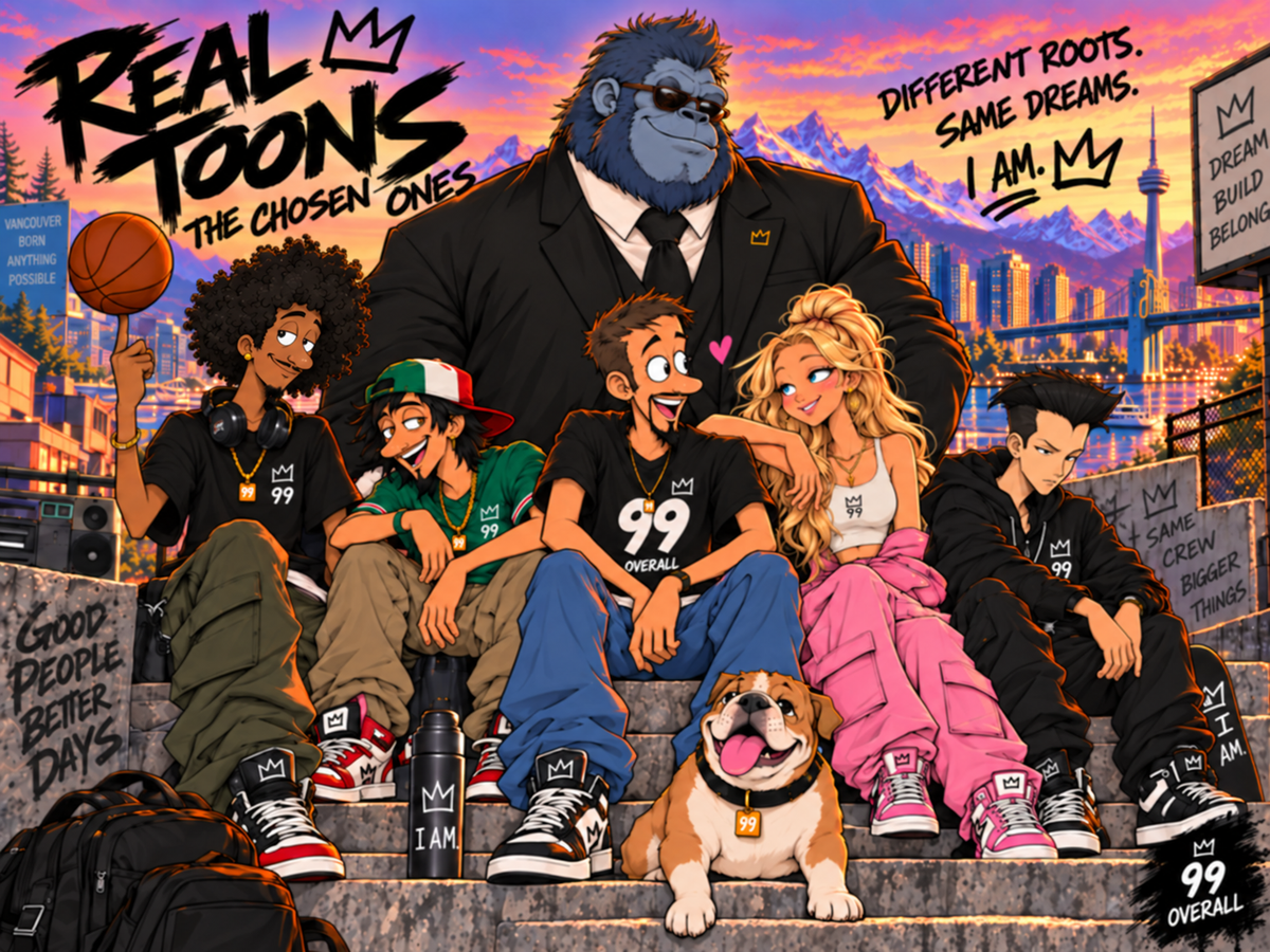 The Chosen Ones crew from Real Toons at sunset in Vancouver, with the North Shore mountains behind them