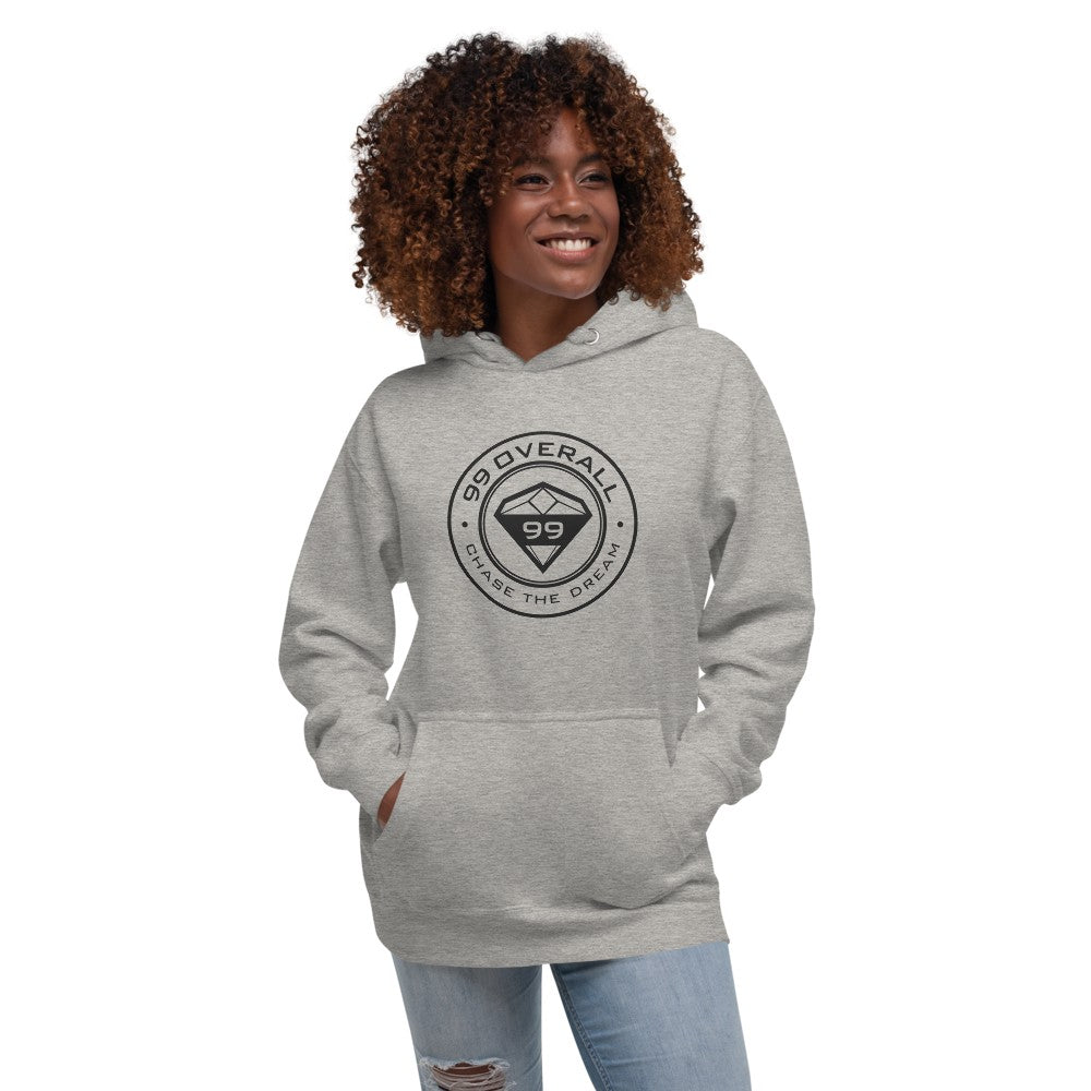 Smiling woman wearing the Carbon Grey Diamond 99 Badge Hoodie