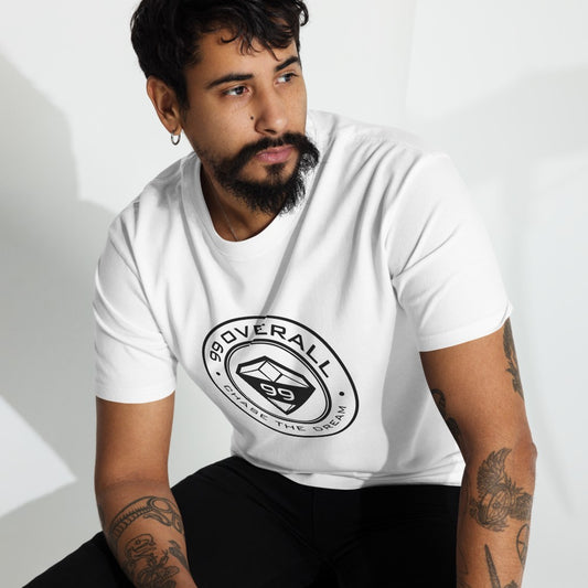 Man in the white Diamond 99 Badge Heavyweight Tee, editorial close-up