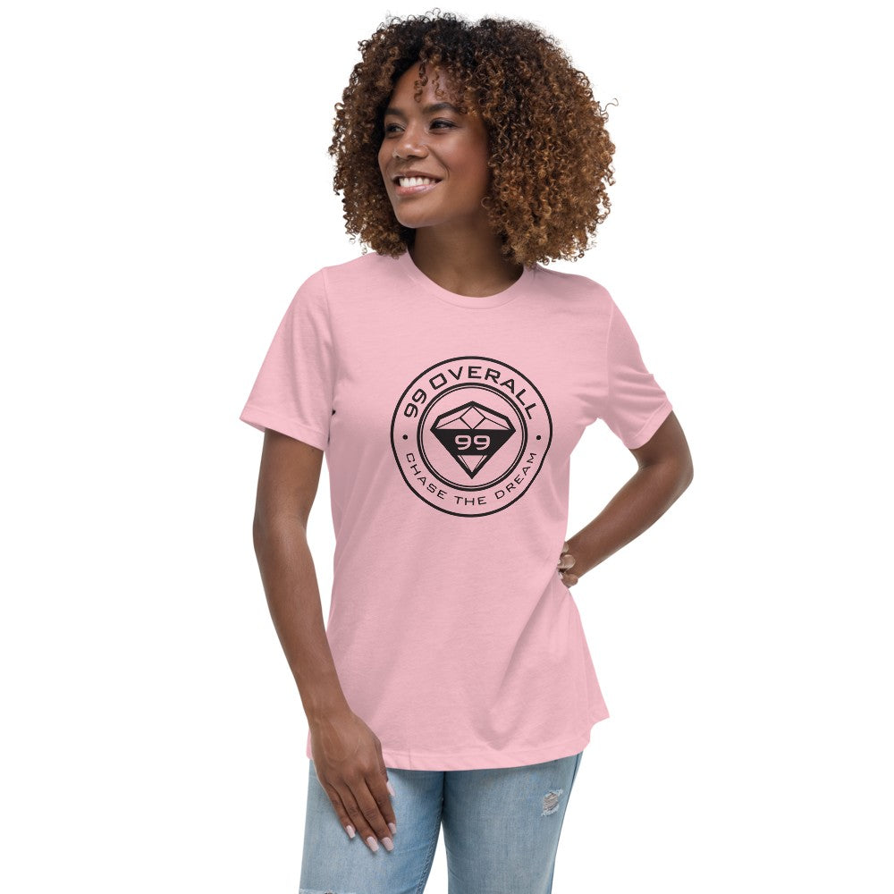 Woman wearing the pink Diamond 99 Badge Women's Relaxed Tee