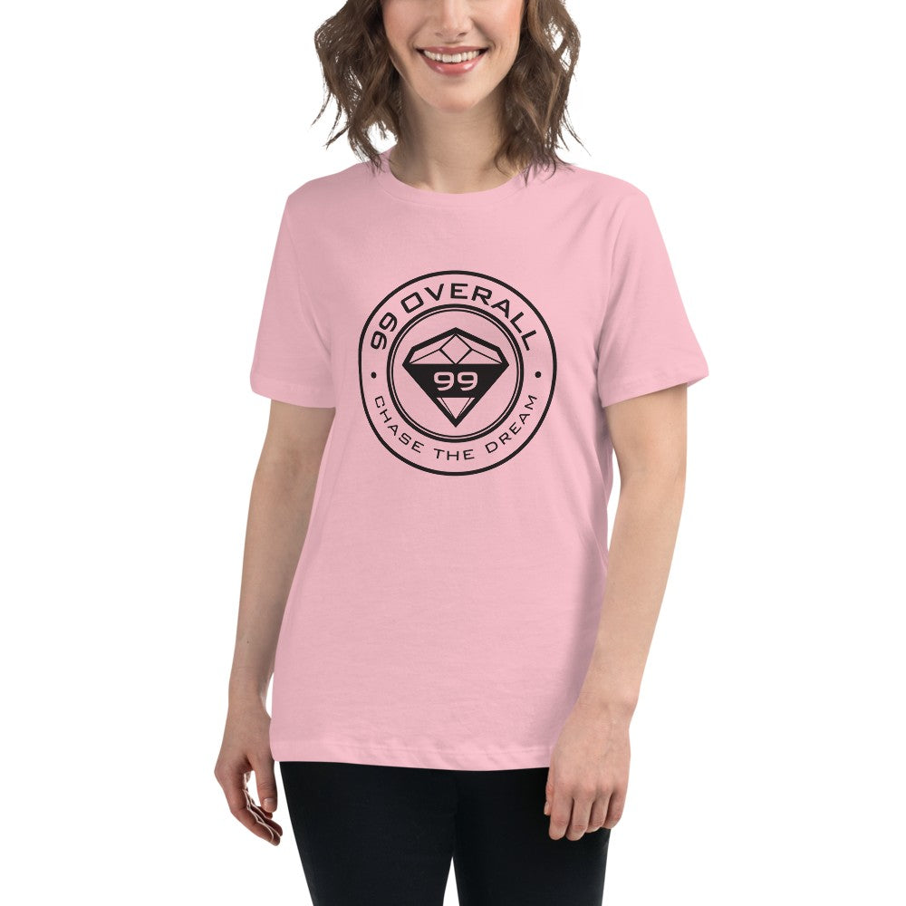 Model wearing the pink Diamond 99 Badge Women's Relaxed Tee, front