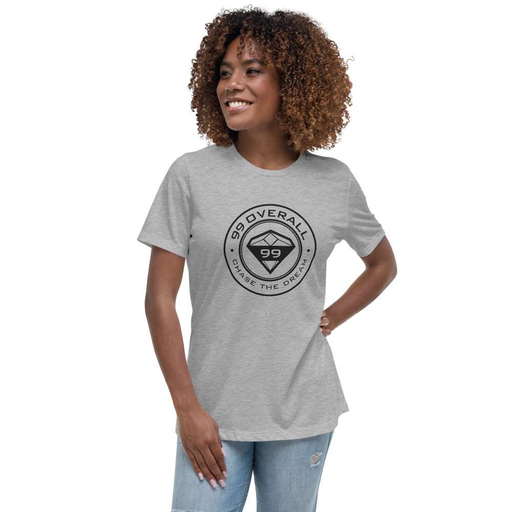 Model wearing the Athletic Heather Diamond 99 Badge Women's Relaxed Tee