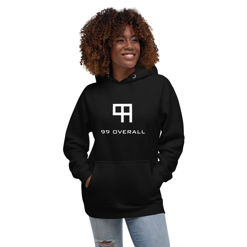 Smiling woman wearing the black 99 Overall Logo Hoodie