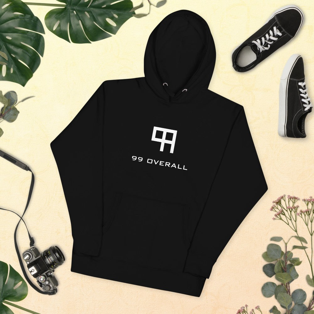 Black 99 Overall Logo Hoodie laid flat with sneakers and a camera