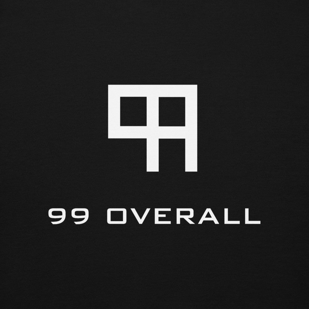Close-up of the white 99 Overall block logo print