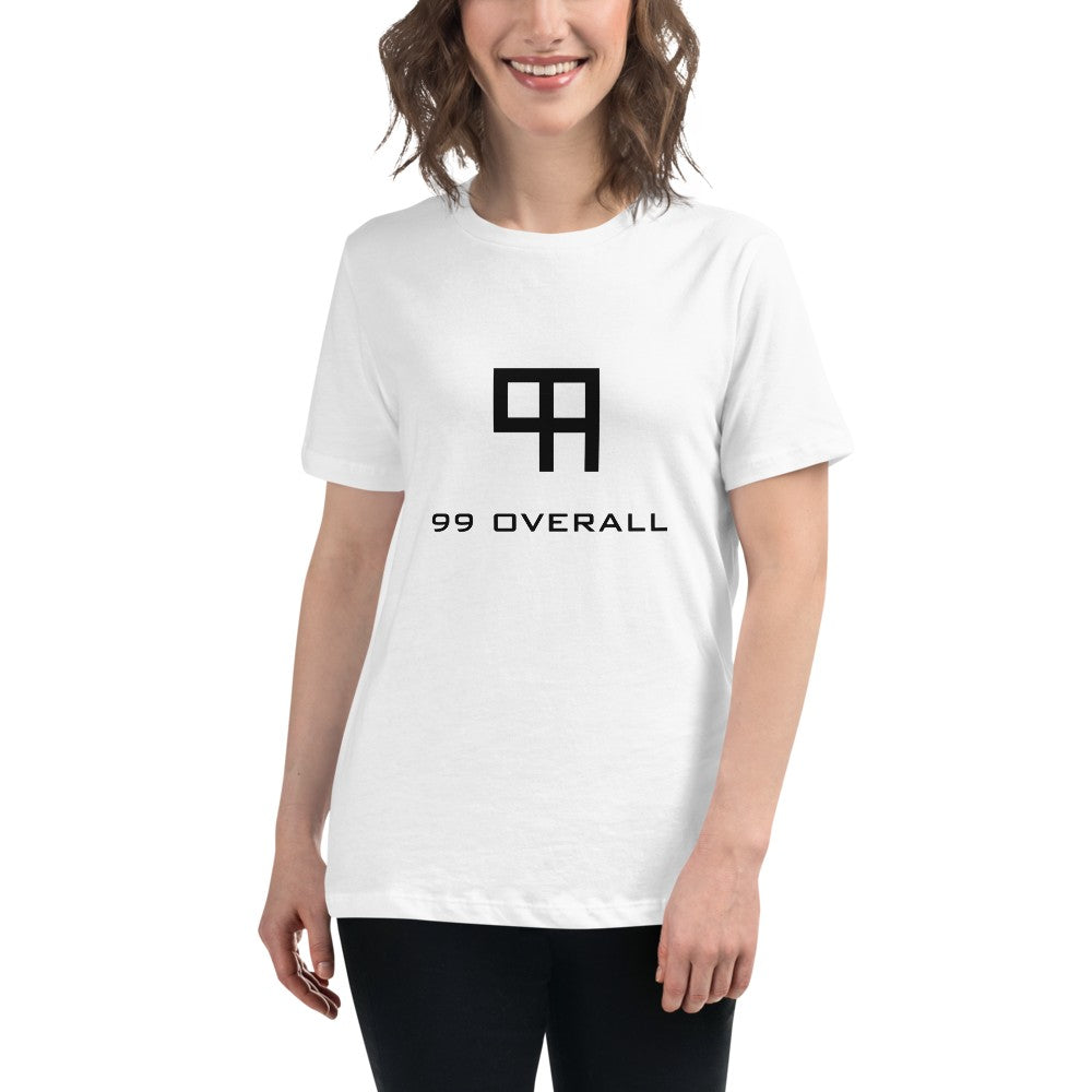 Woman wearing the white 99 Overall Logo Women's Relaxed Tee