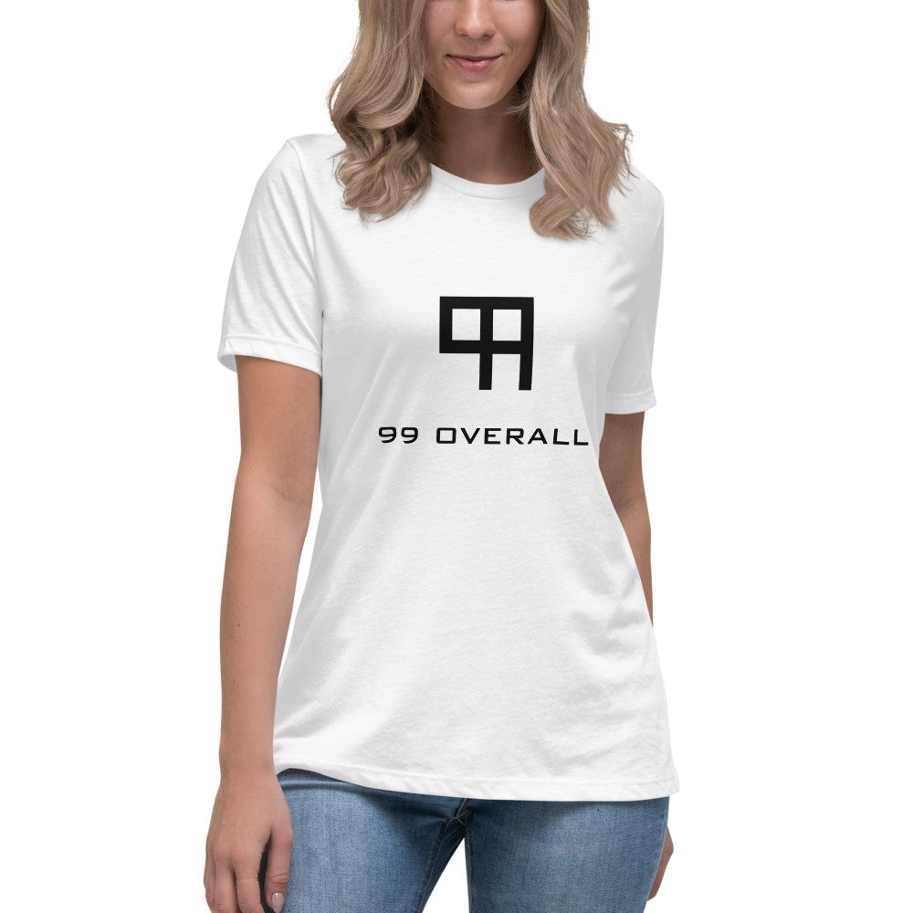 Model in the white 99 Overall Logo Women's Relaxed Tee