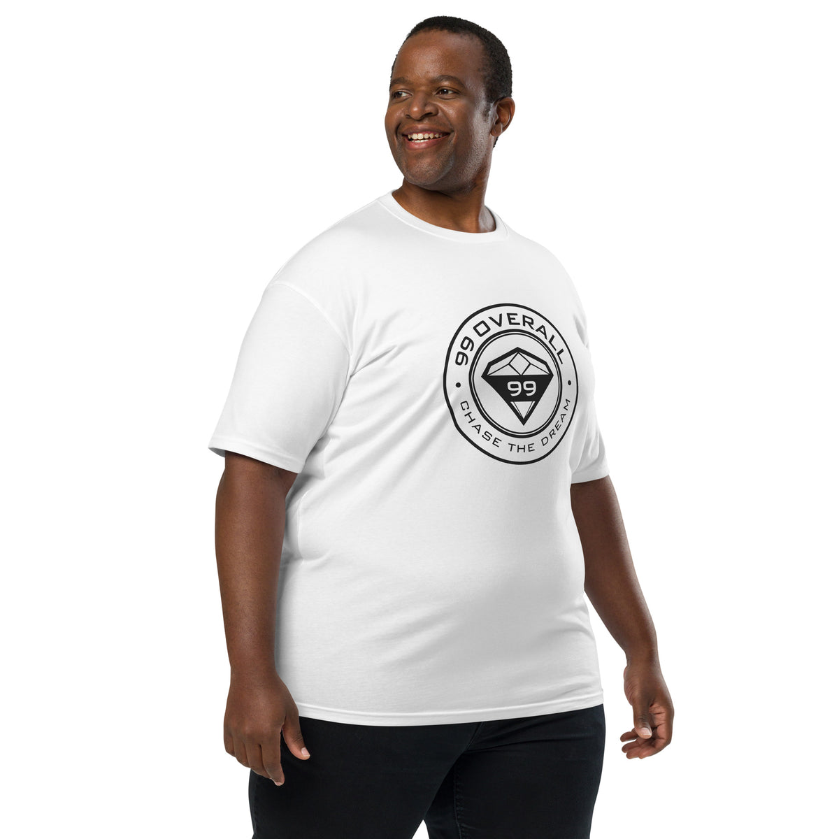 Model wearing the white Diamond 99 Badge Heavyweight Tee