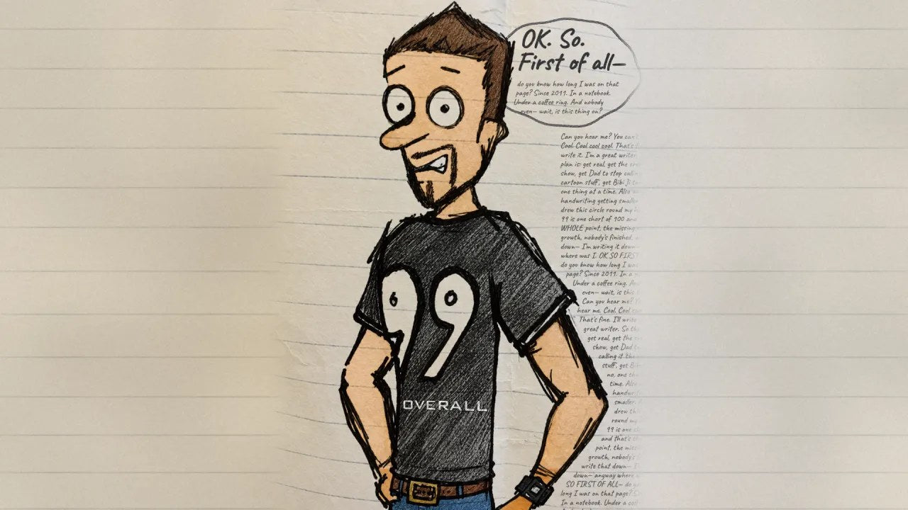 Mumbles with a speech bubble, handwriting flooding the right side of the page