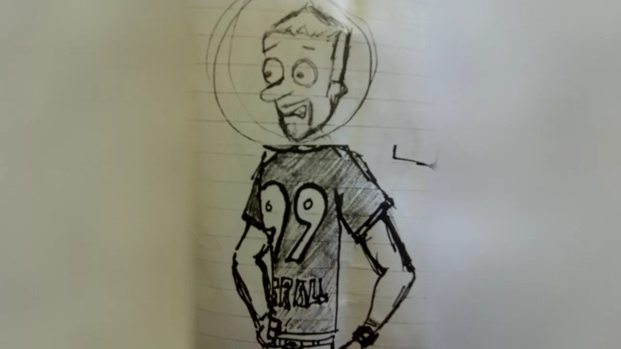 The original 2011 pencil sketch of Mumbles on a notebook page