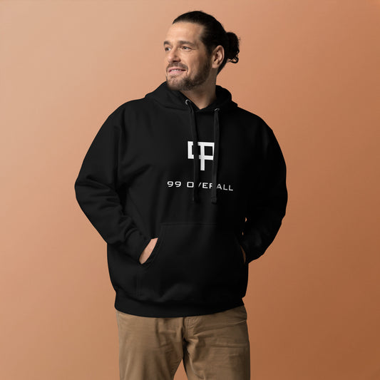 Model wearing the black 99 Overall Logo Hoodie