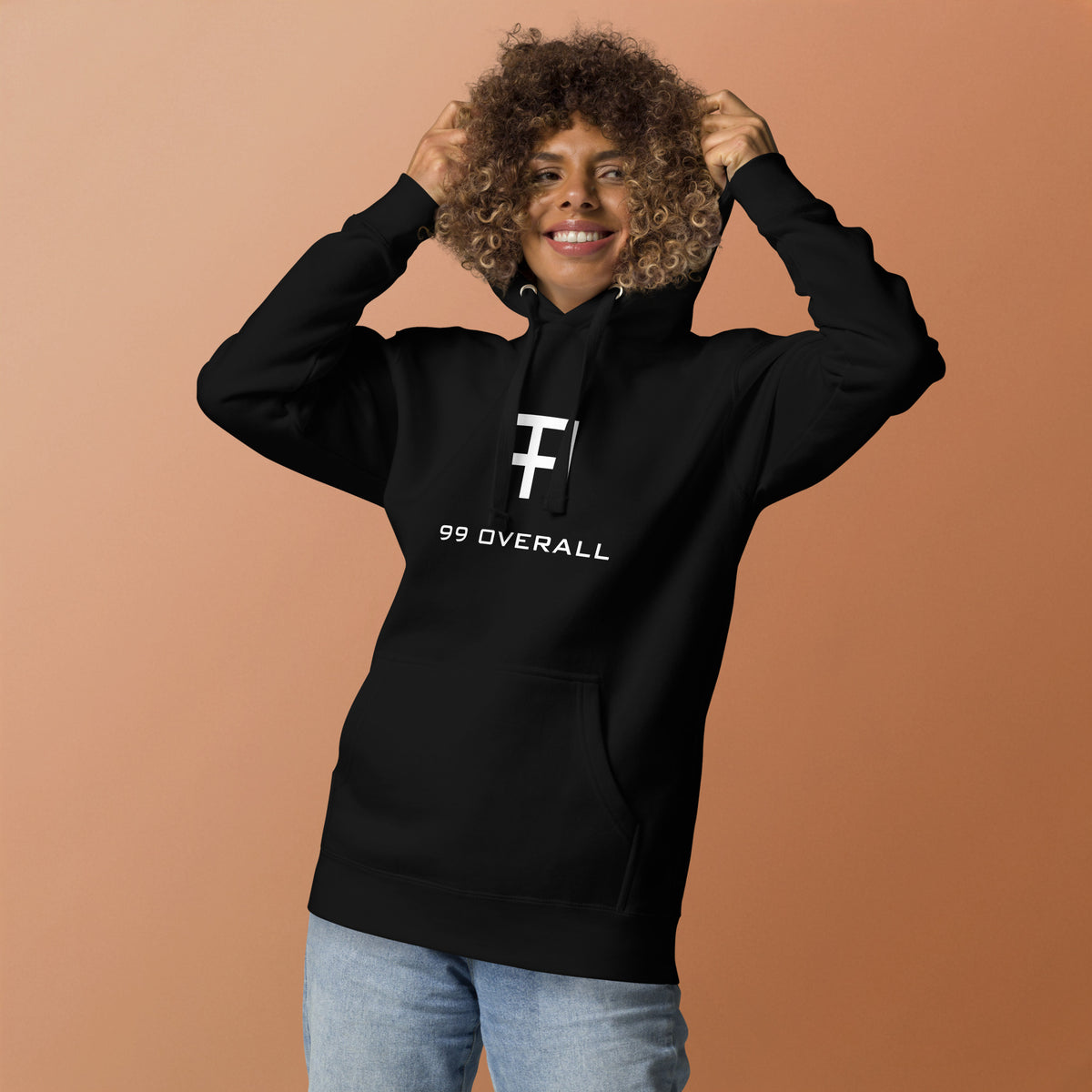 Black 99 Overall Logo Hoodie on model, front