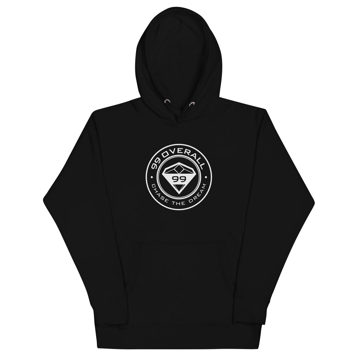 Diamond 99 Badge Hoodie in Black with white ink badge, front view