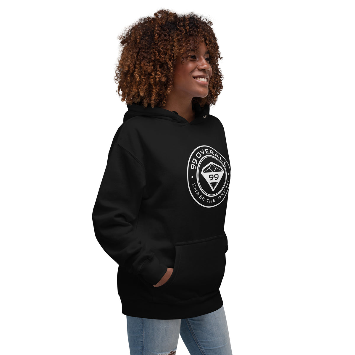 Smiling woman in the black Diamond 99 Badge Hoodie