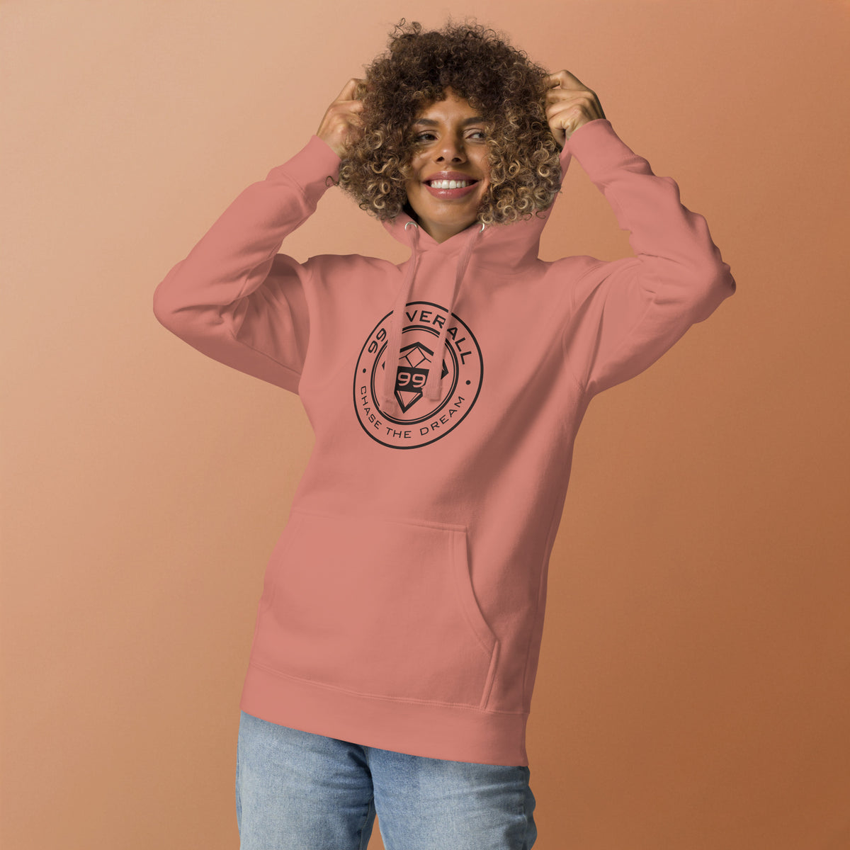 Dusty Rose Diamond 99 Badge Hoodie on model, front