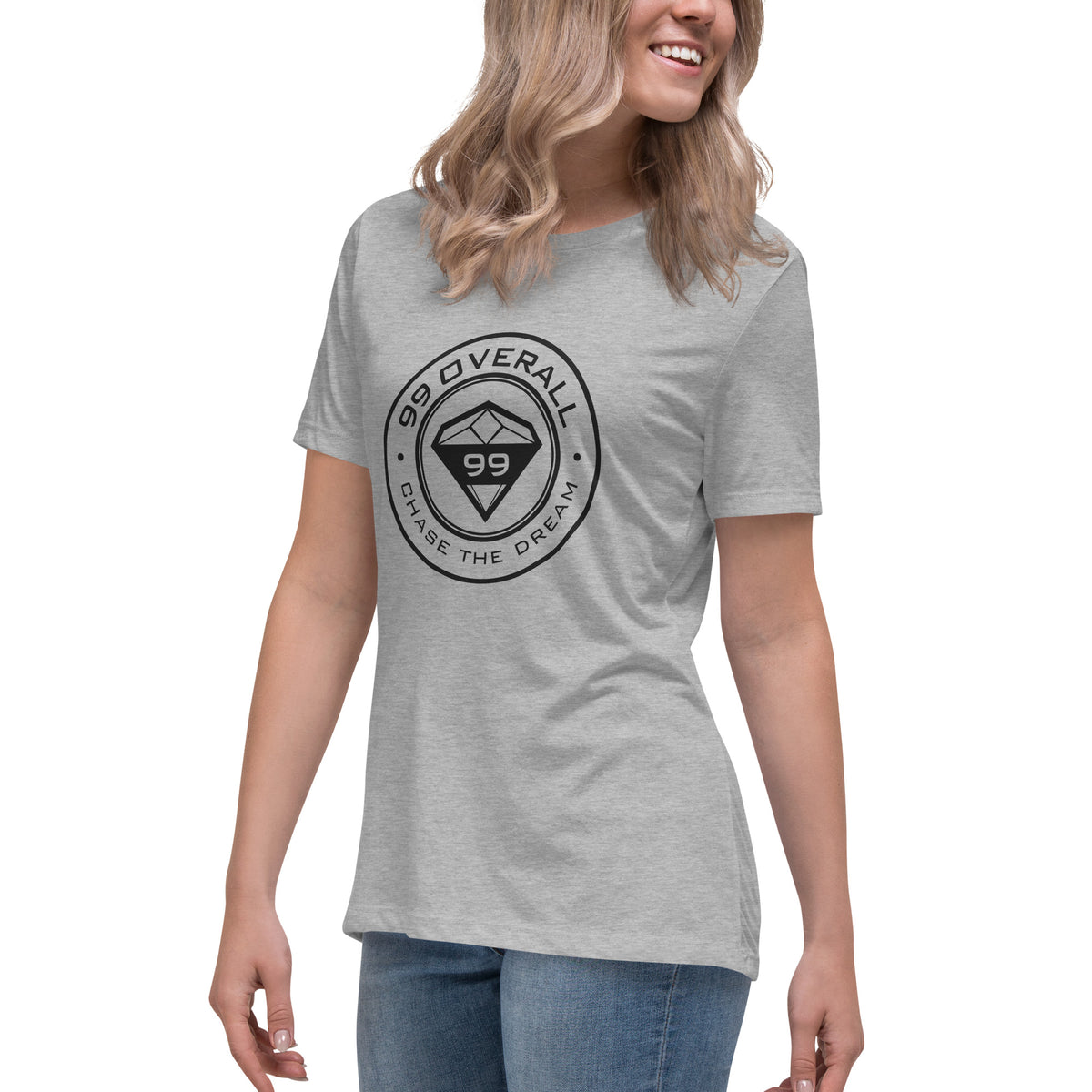 Model wearing the Athletic Heather Diamond 99 Badge Women's Relaxed Tee