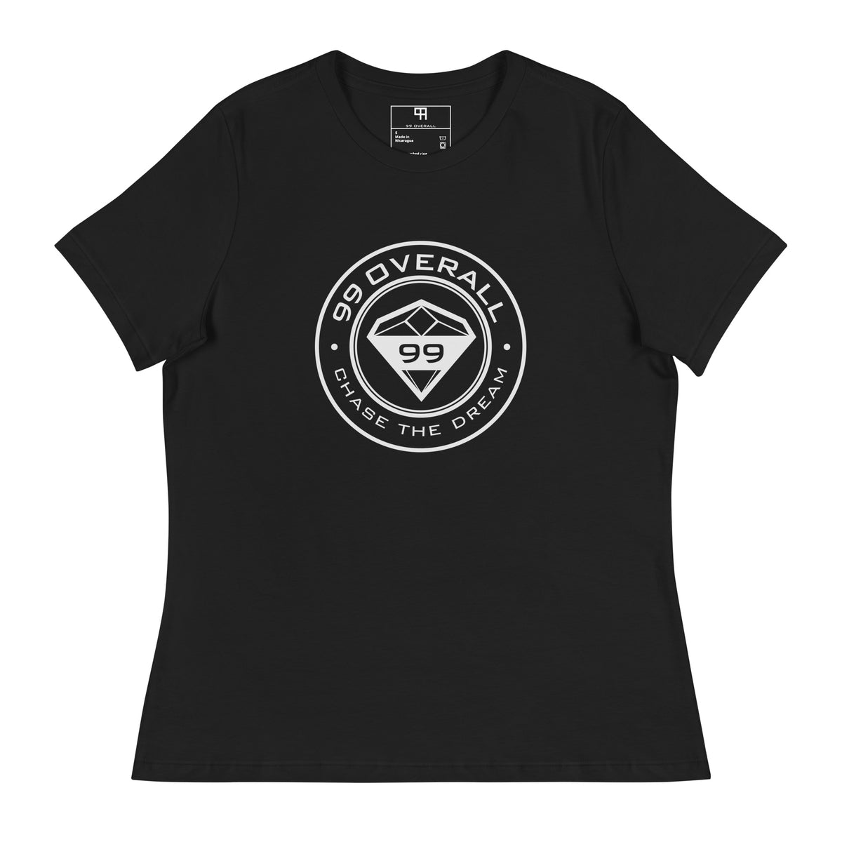 Diamond 99 Badge Women's Relaxed Tee in Black with white badge, front view