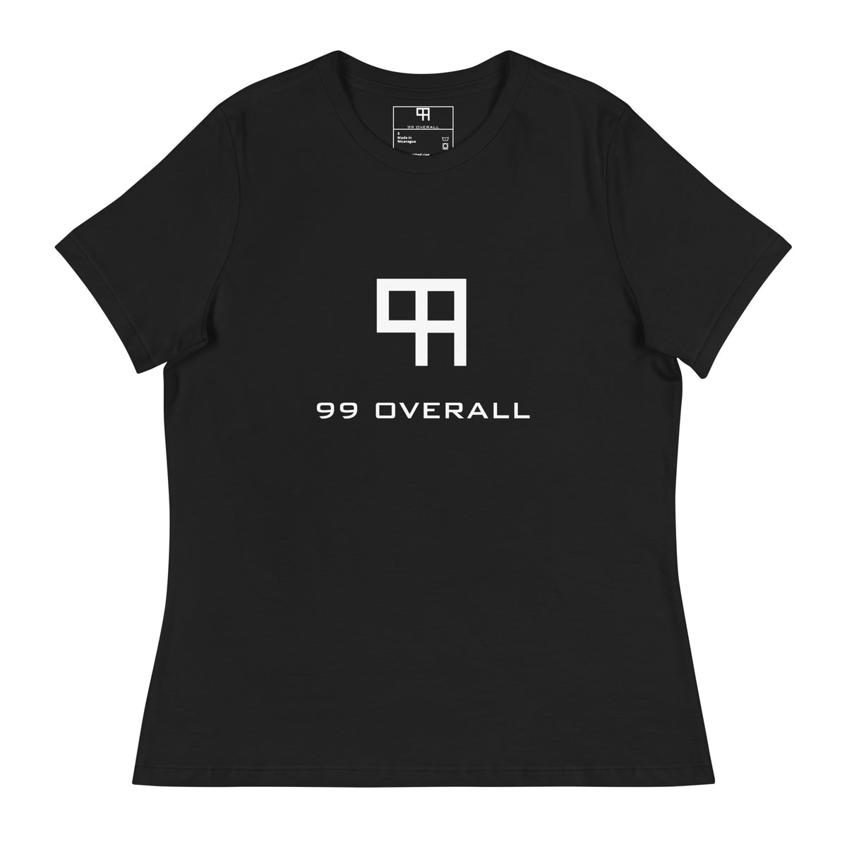 99 Overall Logo Women's Relaxed Tee in Black with white logo, front view